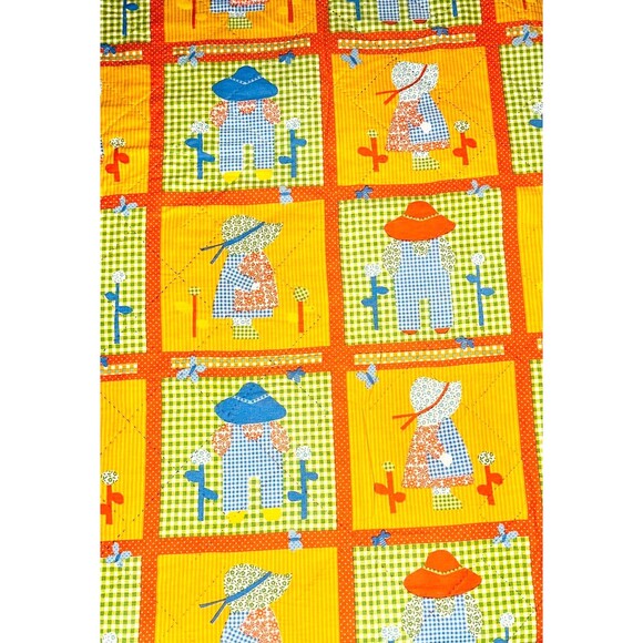 Vtg Quilt Blanket Sunbonnet Farmer Boy Girl 60x40" Red Yellow Blue Cottage Core - Picture 4 of 5